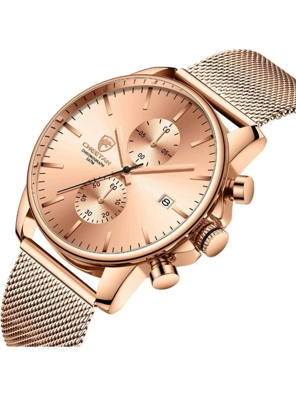 Men's Rose Gold Quartz Analog Mesh Strap Stainless Steel Chronograph Round Watch